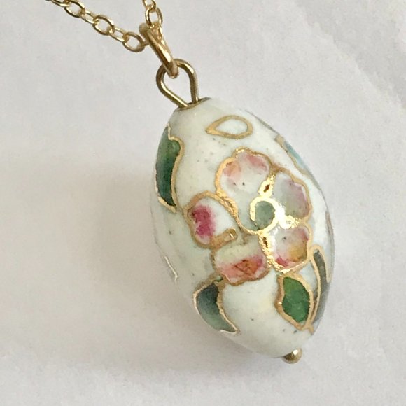 Vintage Cloisonne Flower Egg Oval Bead Necklace Aqua Pink Enamel Gold Plated 18" - Picture 3 of 11